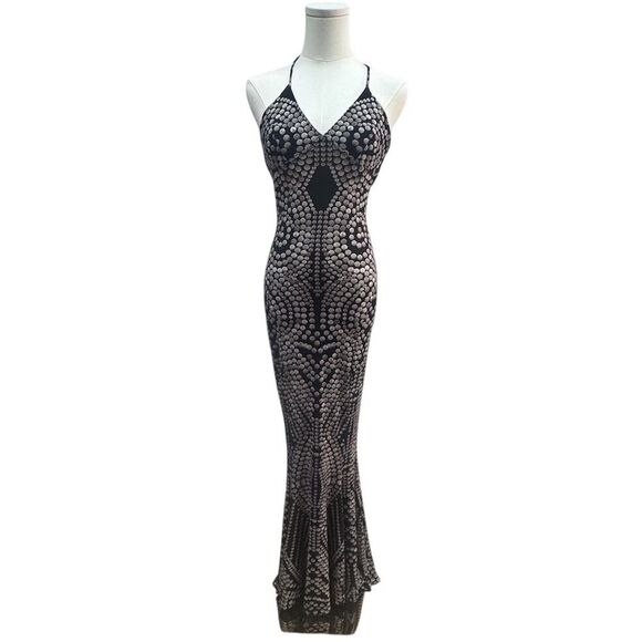 NWOT Norma Kamali XS Black Studded Print Mermaid Fishtail Slip Gown - Picture 1 of 5